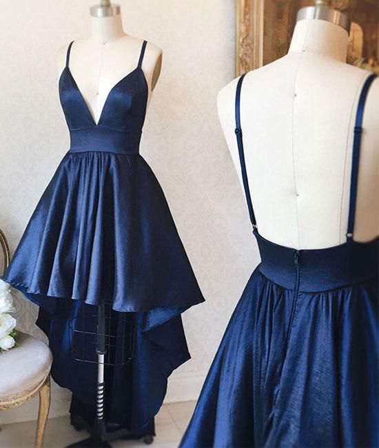 Simple V Neck High Low Homecoming Dress Navy Blue Prom Dresses MyChicDress