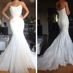 Simple White Tulle Appliques Strapless Bridal Gowns with Buttons - MyChicDress