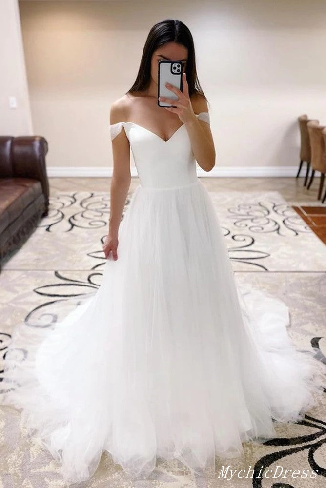 Simple White Tulle Wedding Dresses Beach Off the Shoulder Bridal Gown MyChicDress