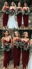 Simple Chiffon V Neck Spaghetti Strap Burgundy Bridesmaid Dresses