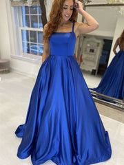 Simples azul royal formatura vestido de noite cetim longo formal vestidos de baile