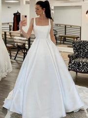 Simple Satin Minimalist Wedding Dresses Square Neck Plus Size Bridal Dresses