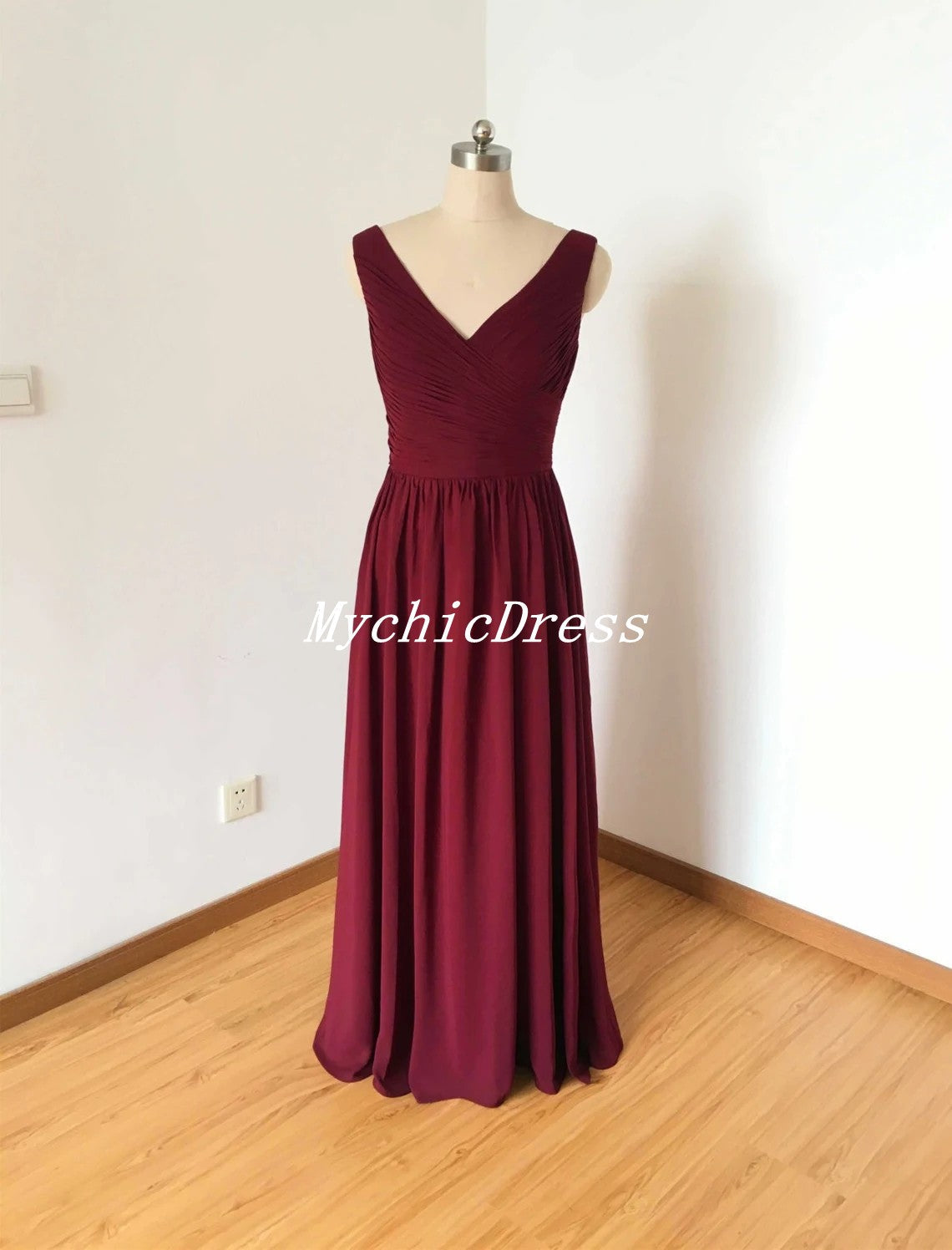 Sleeveless Long V-Neck Chiffon Bridesmaid Dresses Burgundy MyChicDress