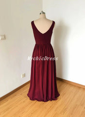 Sleeveless Long V-Neck Chiffon Bridesmaid Dresses Burgundy MyChicDress