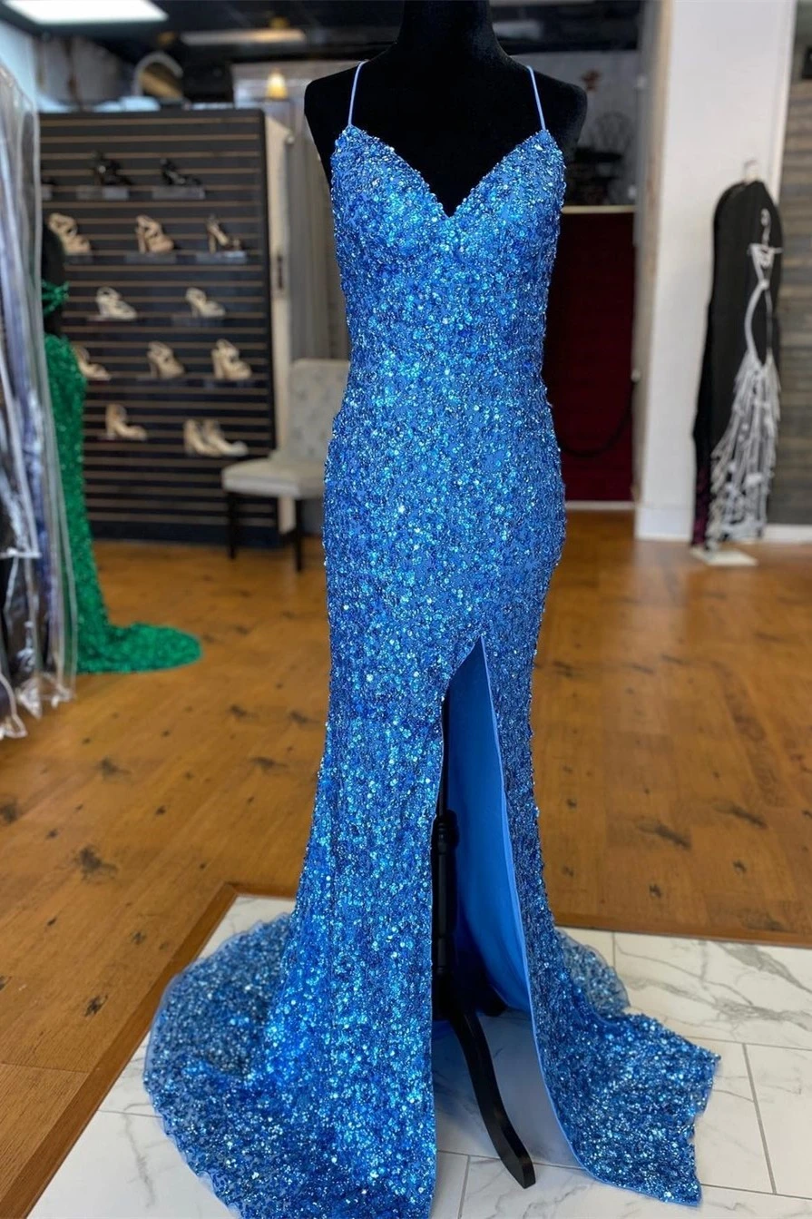 Sparkle Blue Sequin 2024 Prom Dresses Iridescent Mermaid Long Formal Dresses Side Slit MyChicDress