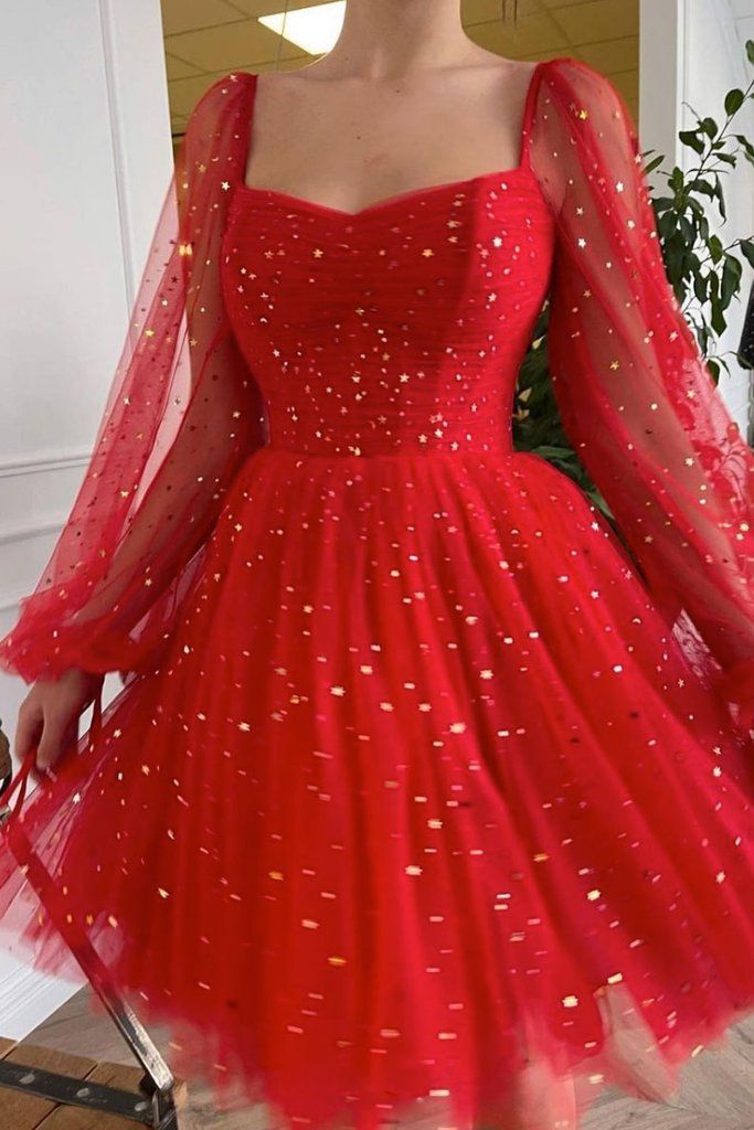 Sparkle Short Red Tulle Prom Dress Long Sleeves Wedding Guest Dress MyChicDress