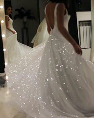 Sparkly A Line V-neck Sequins Wedding Gown Backless Prom Dress On Sale MyChicDress