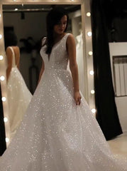 Sparkly A Line V-neck Sequins Wedding Gown Backless Prom Dress On Sale MyChicDress