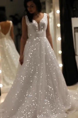 Sparkly A Line V-neck Sequins Wedding Gown Backless Prom Dress On Sale MyChicDress