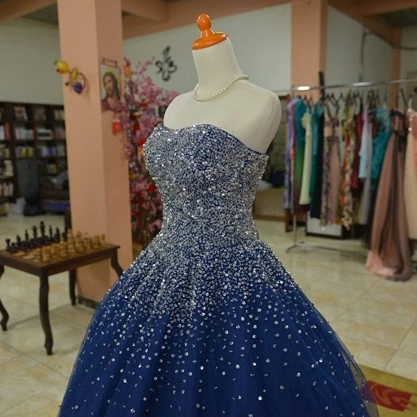 Sparkly Beaded Strapless Navy Blue Ball Gown Prom Dresses MyChicDress