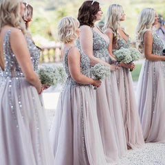 Sparkly Beaded V-Neck Long Sequined Tulle Bridesmaid Dresses - MyChicDress