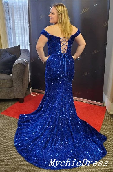 Sparkly Plus Size Sequin Prom Dresses Mermaid Off Shoulder Blue Evening Dress MyChicDress