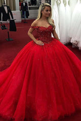 Sparkly Red Ball Gown Wedding Dresses Sweetheart Off Shoulder Sequins Quince Dress MyChicDress