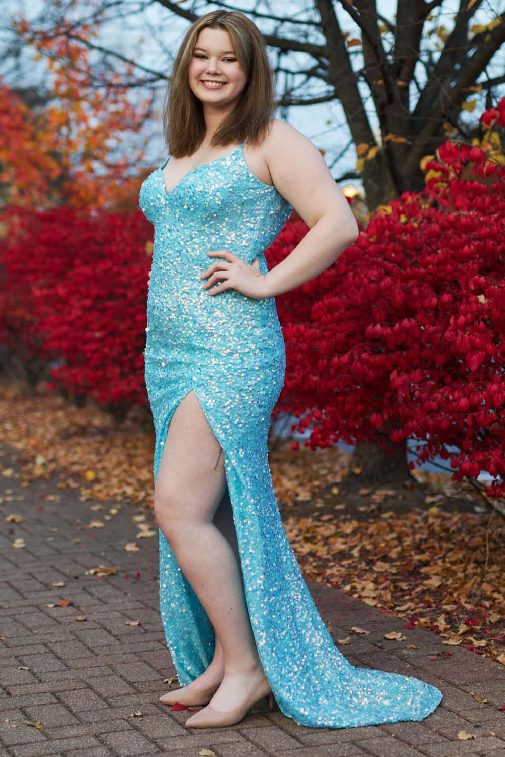 Sparkly Sky Sequins Plus Size Blue Prom Dresses Long Formal Dress with Slit MyChicDress