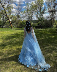 Sparkly Tulle Blue V Neck Cheap Prom Dresses 3D Flowers with Cape MyChicDress