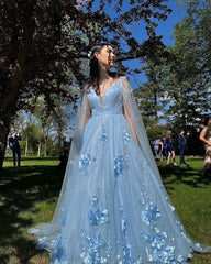 Sparkly Tulle Blue V Neck Cheap Prom Dresses 3D Flowers with Cape MyChicDress