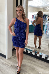 Hot One Shoulder Sparkly Homecoming Dress 2024 Sequin Tight Cocktail Dress