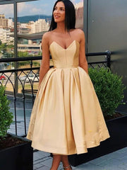 Strapless Tea Length Pink Wedding Guest Dress Satin A Line Prom Dresses with Pockets MyChicDress