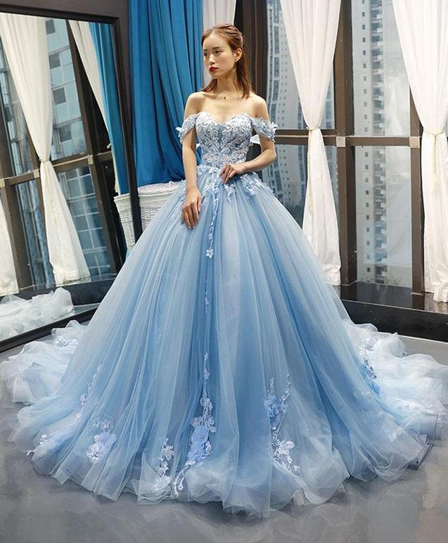 Sweet 16 Blue Quinceanera Dresses Ball Gown Prom Dresses Off the Shoulder MyChicDress