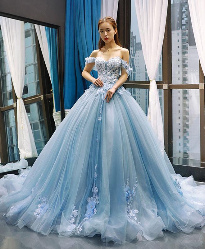 Sweet 16 Blue Quinceanera Dresses Ball Gown Prom Dresses Off the Shoulder MyChicDress