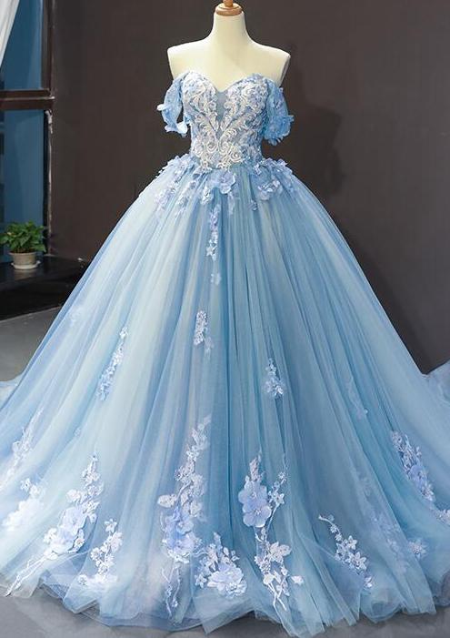 Sweet 16 Blue Quinceanera Dresses Ball Gown Prom Dresses Off the Shoulder MyChicDress