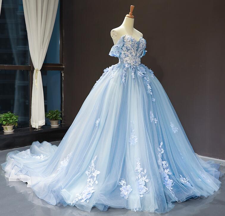 Sweet 16 Blue Quinceanera Dresses Ball Gown Prom Dresses Off the Shoulder MyChicDress