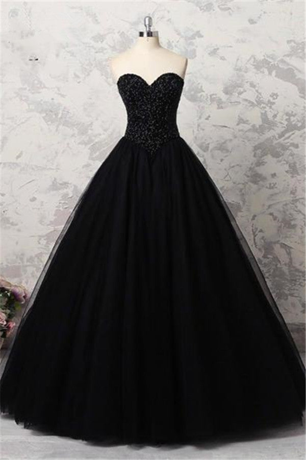 Sweetheart Black Crystals Prom Dresses Strapless Ball Gown Wedding Dresses MyChicDress