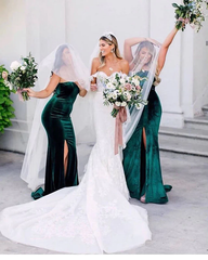 Sweetheart Emerald Green Velvet Bridesmaid Dresses High Thigh Slit MyChicDress