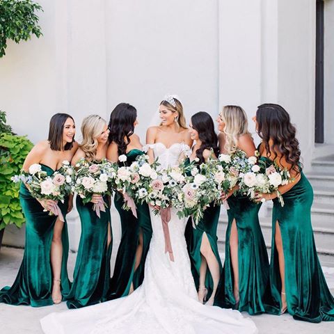 Sweetheart Emerald Green Velvet Bridesmaid Dresses High Thigh Slit - MyChicDress