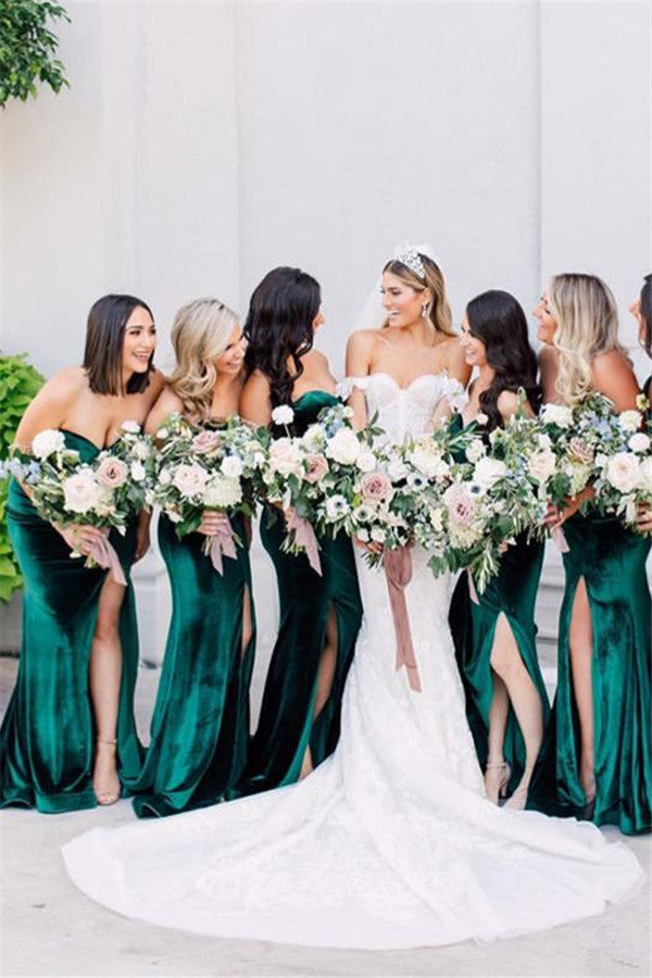 Sweetheart Emerald Green Velvet Bridesmaid Dresses High Thigh Slit - MyChicDress