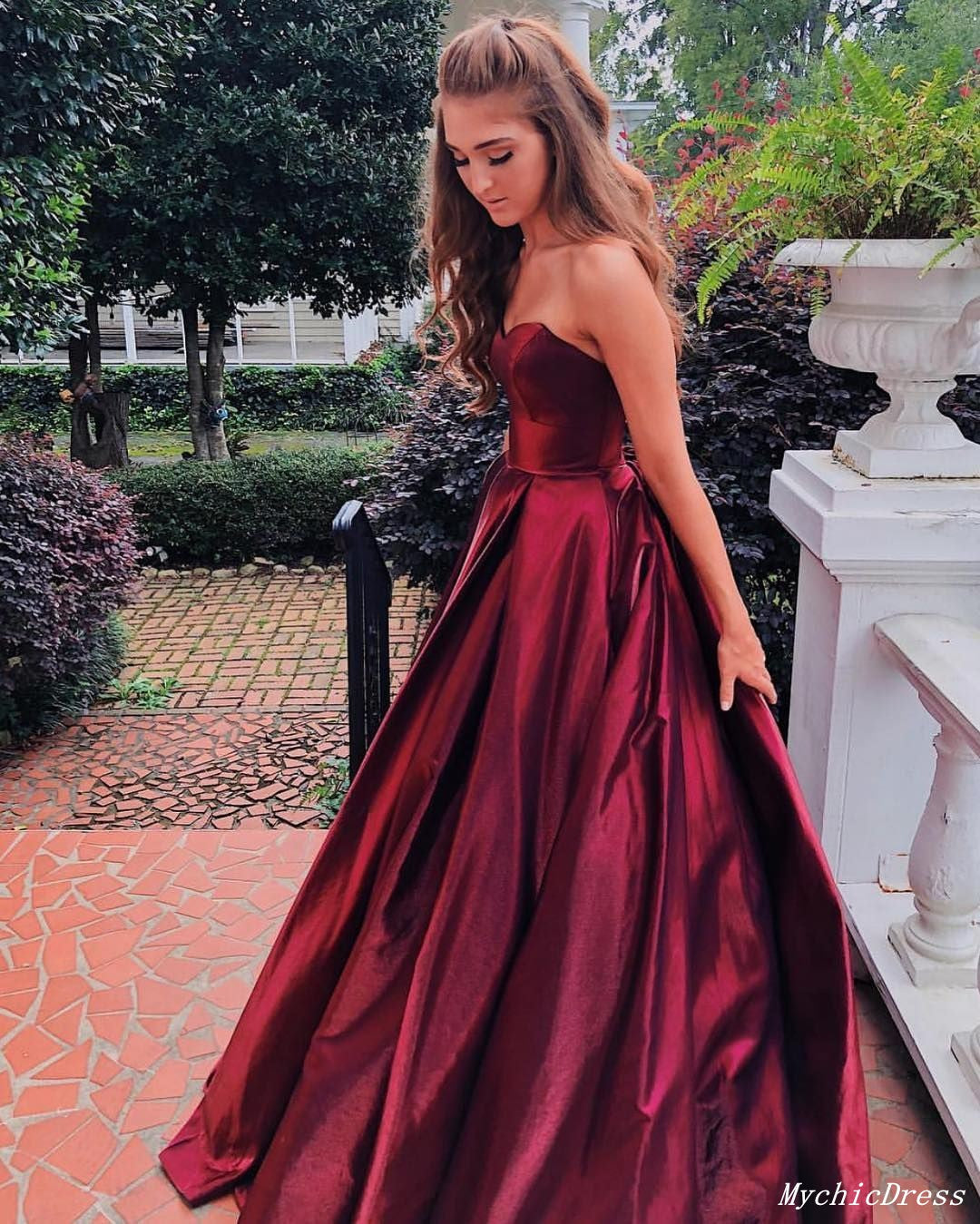 Sweetheart Strapless Burgundy Prom Dresses Floor Length Long Evening Gown MyChicDress