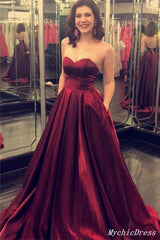 Sweetheart Strapless Burgundy Prom Dresses Floor Length Long Evening Gown MyChicDress