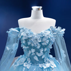 Sweetheart Tulle 3D Flowers Quinceanera Dresses Blue with Cape MyChicDress