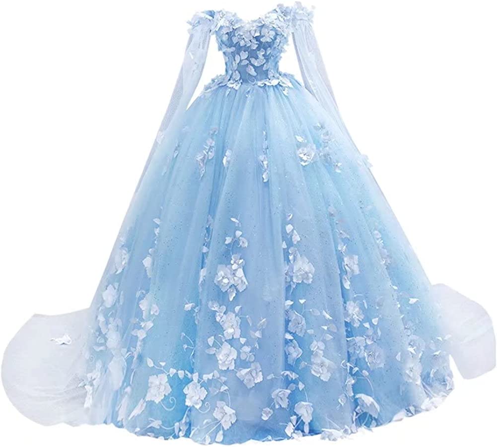 Sweetheart Tulle 3D Flowers Quinceanera Dresses Blue with Cape MyChicDress