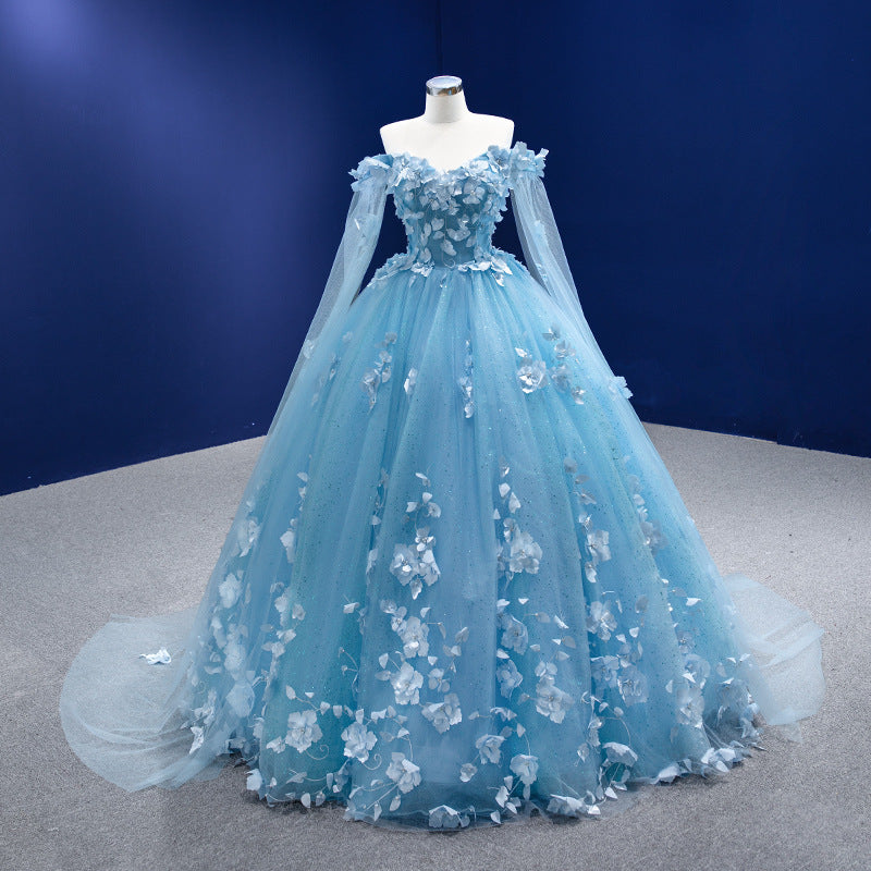 Sweetheart Tulle 3D Flowers Quinceanera Dresses Blue with Cape MyChicDress