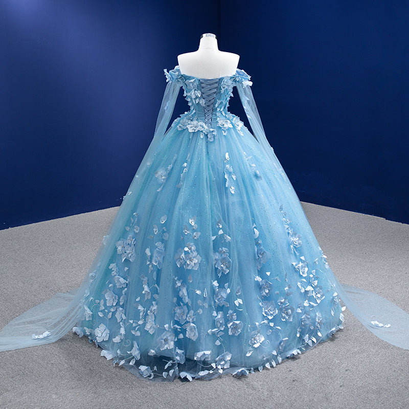 Sweetheart Tulle 3D Flowers Quinceanera Dresses Blue with Cape MyChicDress