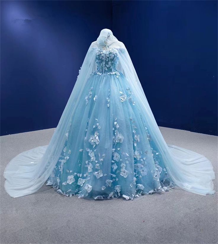 Sweetheart Tulle 3D Flowers Quince Dresses Blue with Cape