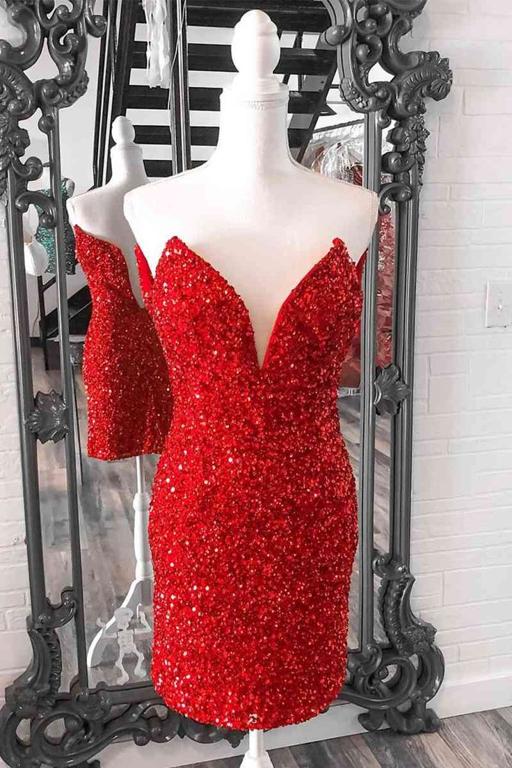 Tight Red Sequins Prom Dress Strapless V Neck Short Homecoming Dress MyChicDress