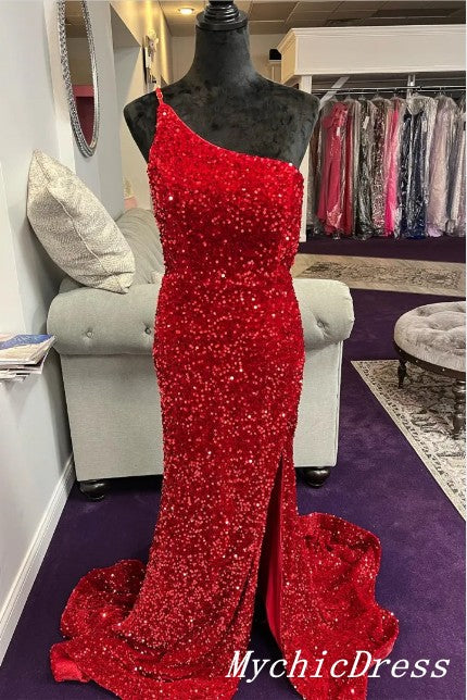 UK Burgundy Prom Dresses Sequin Long One Shoulder Wedding Guest Dress MyChicDress