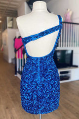 Unique One-Shoulder Keyhole Blue Sequins Homecoming Dresses Mini Hoco Dress MyChicDress