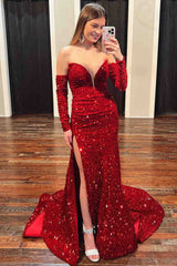 Unique Red Mermaid V Neck Prom Dresses Long Sleeves Sweetheart with Split