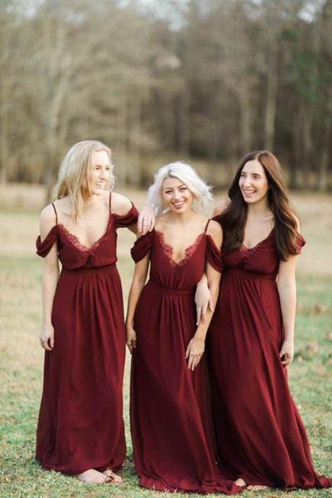 V Neck Cold Shoulder Lace Chiffon Bridesmaid Dresses MyChicDress