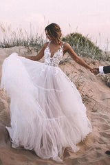 V Neck Lace Applique Wedding Dresses Layered Tulle Skirt Wedding Gown MyChicDress