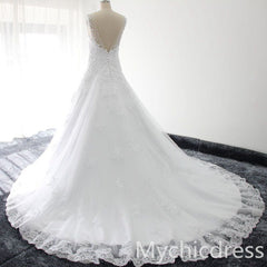 V Neck Lace Appliques Sequins Wedding Gowns Cap Sleeves MyChicDress