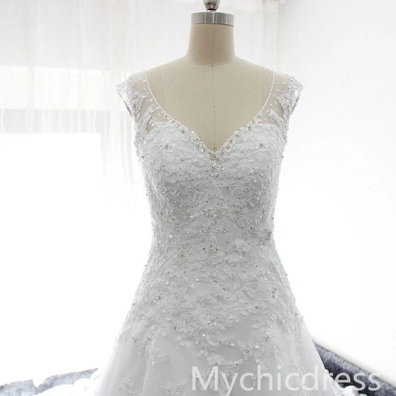 V Neck Lace Appliques Sequins Wedding Gowns Cap Sleeves MyChicDress