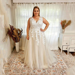 V Neck Lace Plus Size Wedding Dresses Beach Appliques A Line Boho Bridal Gowns MyChicDress