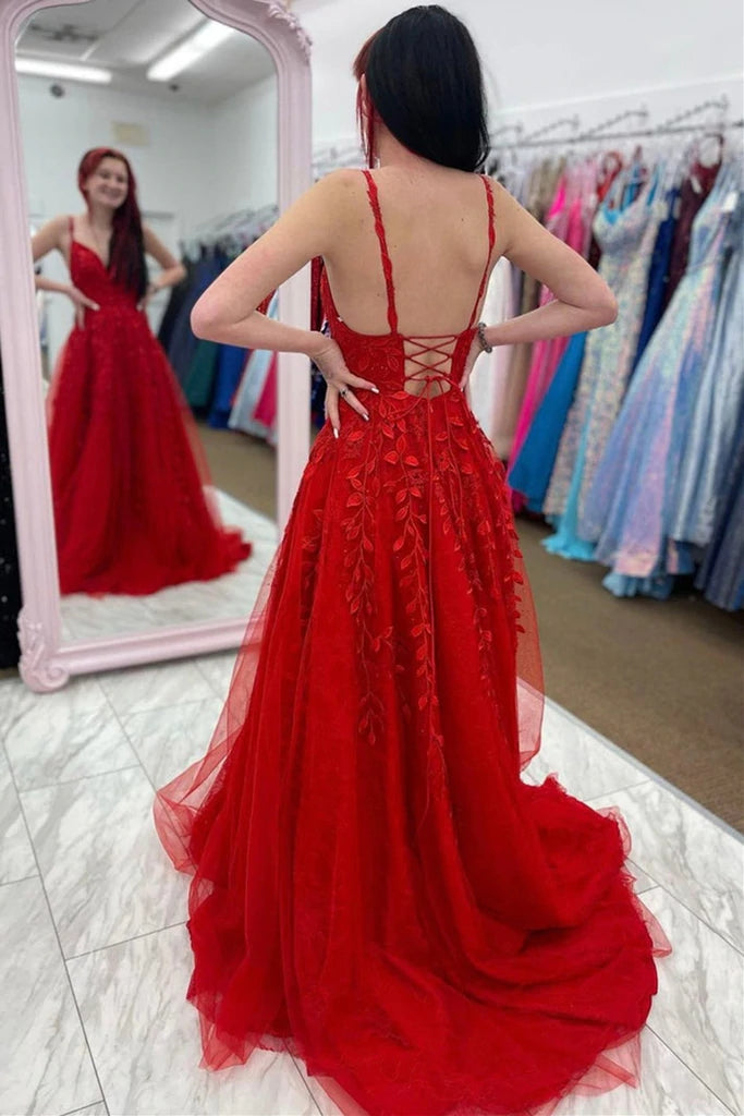 V Neck Lace Red Prom Dresses UK A Line Long Evening Gowns MyChicDress