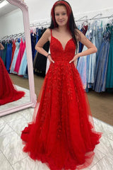 V Neck Lace Red Prom Dresses UK A Line Long Evening Gowns MyChicDress