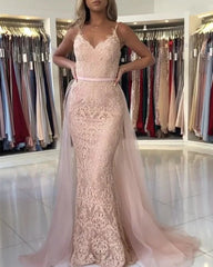 V Neck Long Mermaid Pink Lace Prom Dresses Open Back MyChicDress