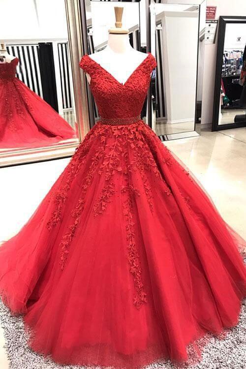 V Neck Prom Dresses Red Lace Formal Gowns A Line Sleeveless Beaded Belt MyChicDress